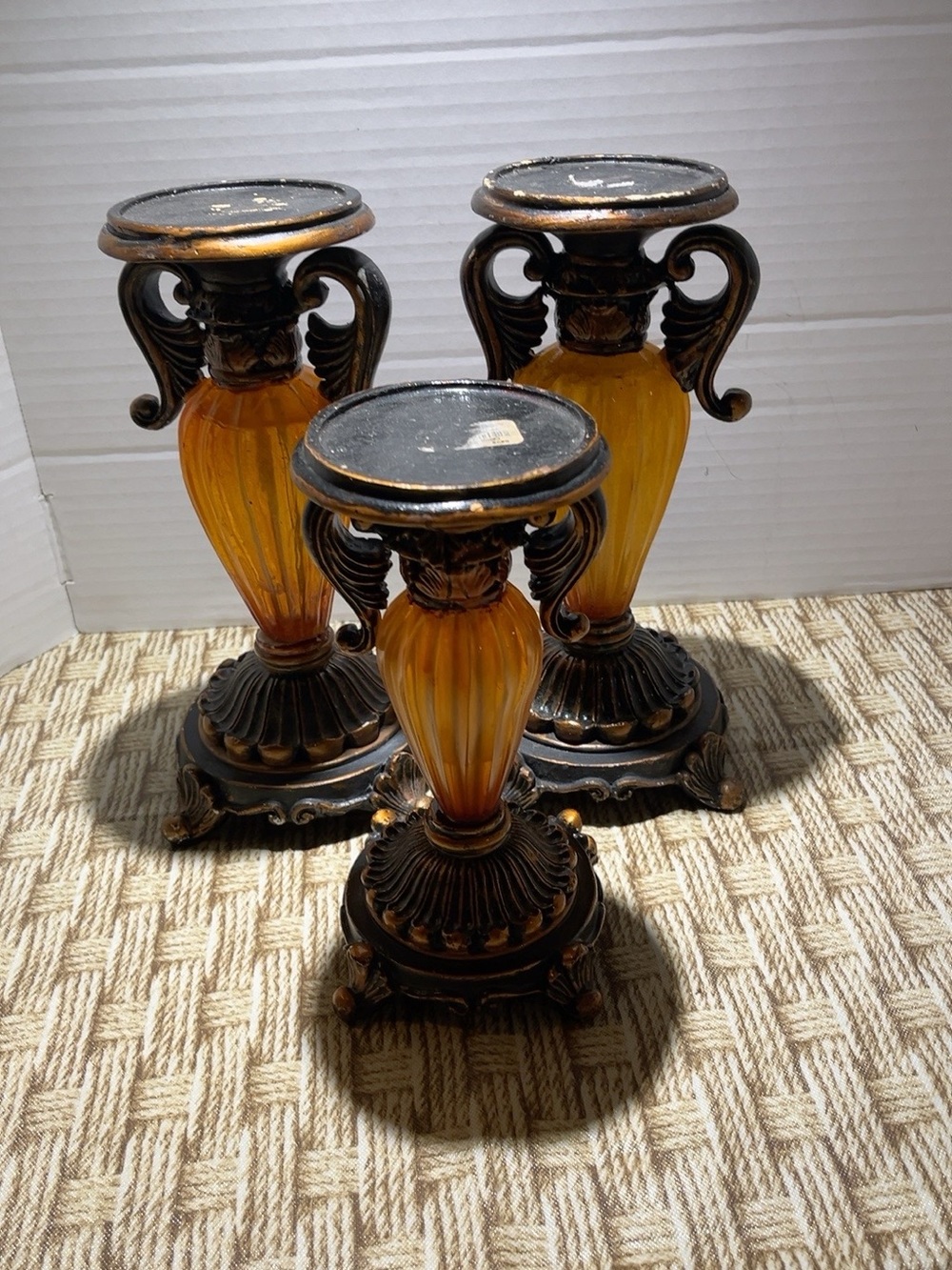 Set of 3 Ornate Amber Glass Style Pillar Candle Holders Scroll 8” 9.5”
